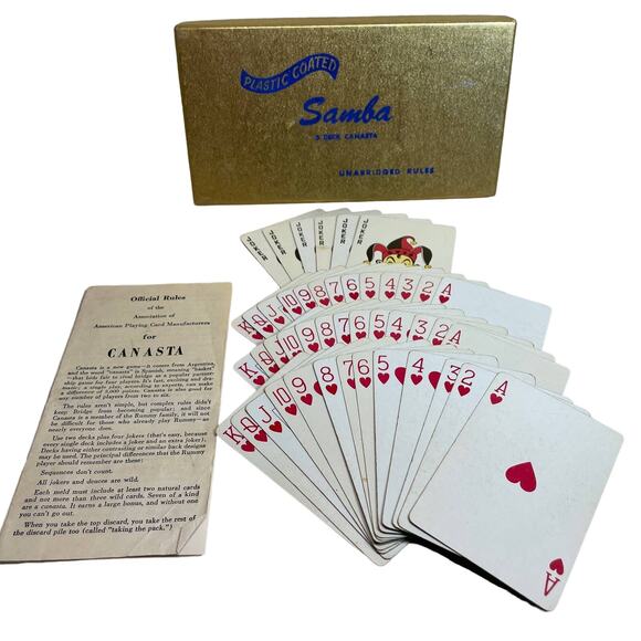 Samba Coated Playing Cards Three Deck Canasta Set Gold Box of Calif Plastic - Picture 1 of 10